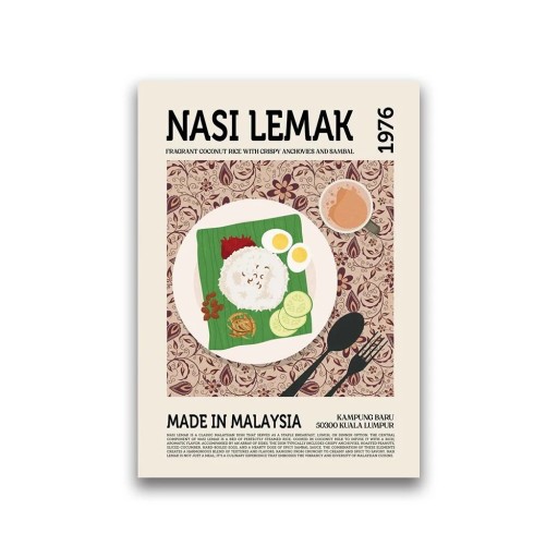Design plakát 40 x 60 cm Nasi Lemak Világkonyha Ételkép vászonra Keret nélkül Konyhai dekoráció étterem