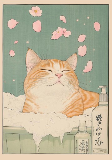 Design plakát 40 x 60 cm Vörös macska a pihentető fürdőben Japán illusztráció Vászonnyomtatás Keret nélkül Modern fali dekoráció