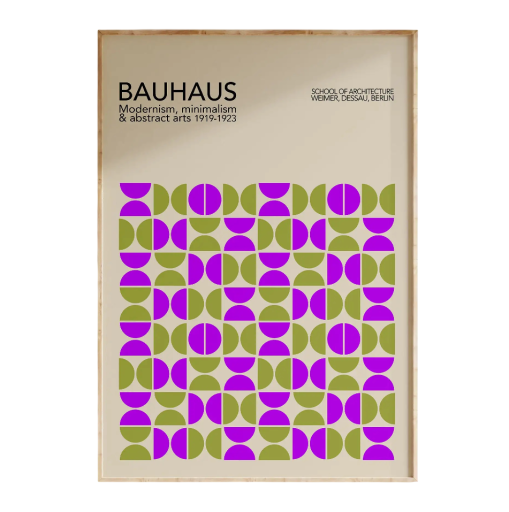 Design plakát a falra 50 x 70 cm Bauhaus absztrakt geometria lila és zöld félkörök modern vászon nyomat keret nélkül