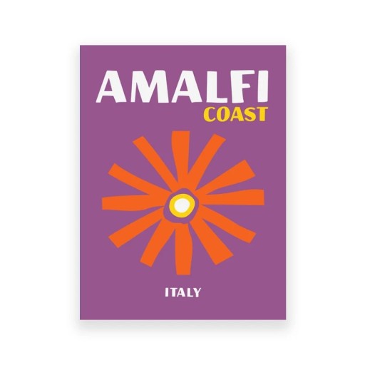 Design plakát a falra Amalfi Coast Olaszország nyári stilizált motívum 15 x 21 cm vászonnyomtatás puha lila dekoráció belső térbe keret nélkül
