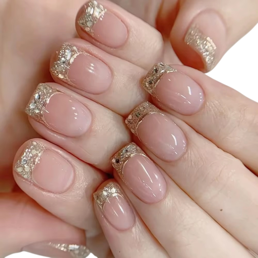 Designer Artificial Nails Square Shape 24 pcs French Manicure Rhinestone and Glitter Details Adhesive Solution for Home Manicure