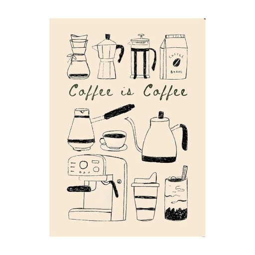 Designomainen seinäjuliste erilaisista kahvityypeistä tekstillä Coffee is Coffee 20 × 30 cm kankaan painatus sisustukseen kotiin ja kahvilaan ilman kehystä