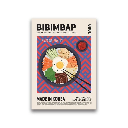 Designoplakatti 50 x 70 cm Bibimbap Aasian keittiö Ruokakuva Kangastuloste Pehmeä seinäkoriste ilman kehystä