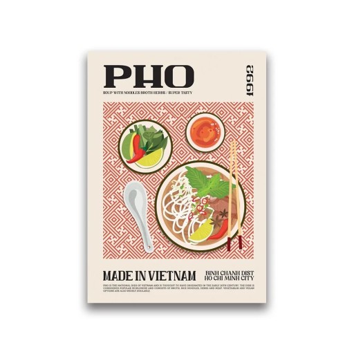 Designový plakát 30 x 40 cm Vietnamské Pho Světová gastronomie Obraz s jídlem Tisk na plátno Měkké provedení Bez rámu