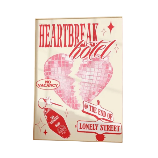 Designový plakát disco srdce Heartbreak Hotel 40 x 60 cm tisk na plátno červený a růžový grafický motiv bytová dekorace bez rámu