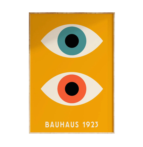 Designplakat 30 x 40 cm Bauhaus gult bakgrund motiv av två ögon modern grafik tryck på duk dekorativ väggplakat utan ram