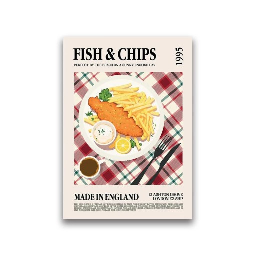 Designplakat 30 x 40 cm Fish and Chips Fisk med pommes frites Världens kök Matbild Tryck på duk Utan ram