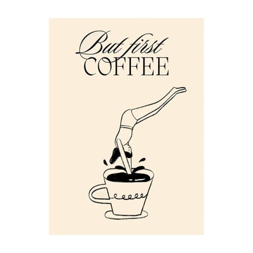 Designplakat til væg med motiv af spring i kaffekop 20 x 30 cm tryk på lærred beige sort indretning til hjemmet og café uden ramme