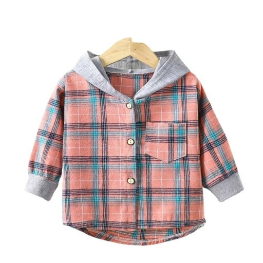Detská kostkovaná košela s kapucňou Bavlna Polyester Dívčí a chlapčenský kabátik na jar a jeseň Dlhý rukáv Štýlová bunda na gombíky