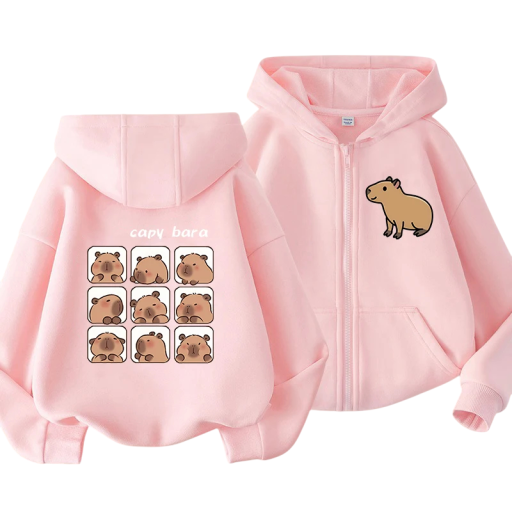 Detská mikina s kapucňou na zips s motívom kapybary Kawaii manga štýl Polyester Jednofarebná mikina s vreckami Unisex oblečenie pre chlapcov aj dievčatá