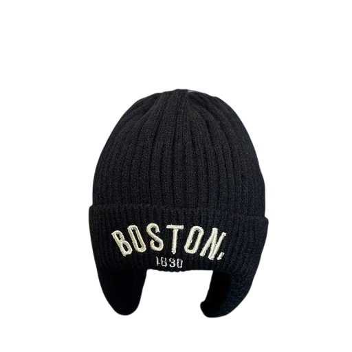 Dětská pletená zimní ušanka Boston 1–3 roky Polyesterová teplá čepice s klapkami na uši a výšivkou Měkká zimní čepice pro děti