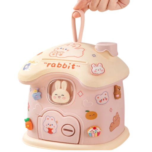 Dětská pokladnička s králíčkem a dvířky, slot na mince 200 × 183 × 155 mm, uzamykatelná, včetně klíčků a dekorací pro děti