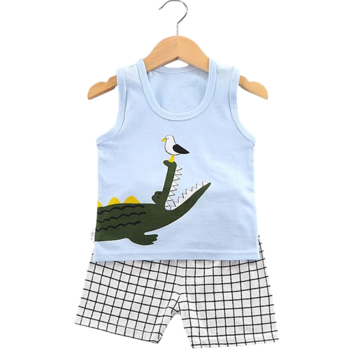 Dětská unisex Souprava Blau Tílko mit Krokodil und Graue Karierte Shorts O Ausschnitt Baumwoll Sommer Komplett