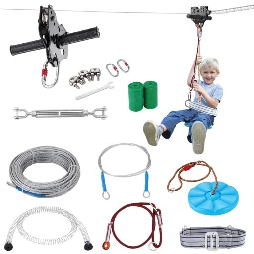 Detská zip line sada s oceľovým lanom 24 m a sedátkom 28 cm nosnosť 7,98 kg oceľové lanko pre záhradnú zábavu a vonkajšie použitie