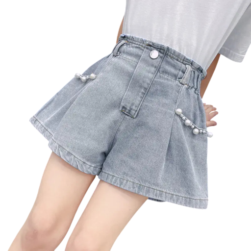 Detské dievčenské džínové kraťasy s ozdobnými perlami naberaným elastickým pásom a voľnými nohavicami modré riflové šortky pre dievčatá