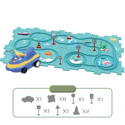 Detské puzzle elektrická železnica 15ks, téma oceán, 1ks autíčko, 14ks puzzle, interaktívne puzzle pre deti, oceánska železnica