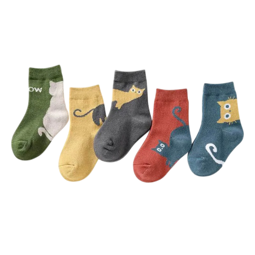 Dětské unisex ponožky 5 párů Barevné ponožky s motivem koček Polyester elastan Elastické pohodlné ponožky pro děti každodenní nošení