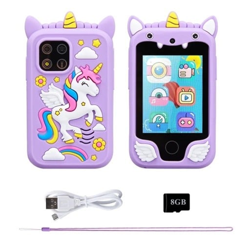 Dětský chytrý telefon s motivem jednorožce a 2,8" TFT displejem s duálním fotoaparátem MP3 přehrávačem 10 hrami a paměťovou kartou 8 GB
