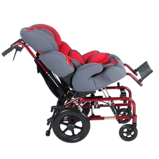 Dětský invalidní vozík Vysoké opěradlo polohovací sklopení až 150° Nosnost 120 kg Ultralehký skládací Červený pro každodenní péči o děti