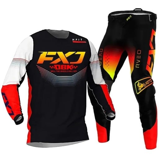 Dětský motokrosový set dres a kalhoty Polyester a nylon Černo-bílý s oranžovými prvky Unisex dětské oblečení na motokros a enduro