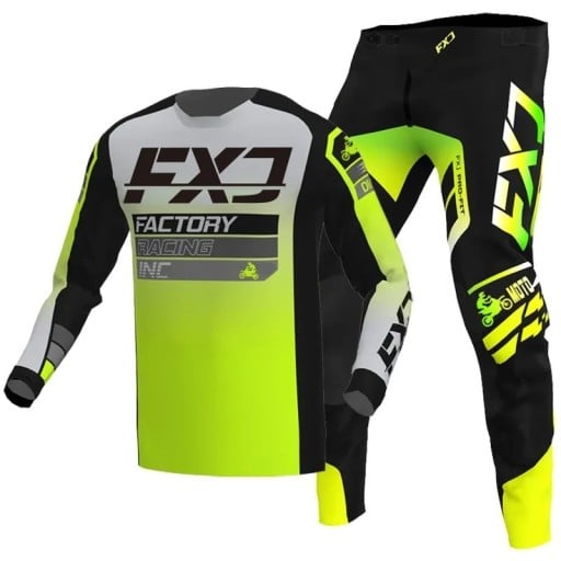 Dětský motokrosový set dres a kalhoty Polyester a nylon Neonově zelený se šedými prvky Unisex dětské oblečení na motokros a enduro