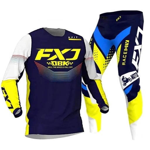 Dětský motokrosový set dres a kalhoty Volný střih Polyester a nylon Tmavě modrý se žlutými prvky Unisex dětské oblečení na motokros a enduro