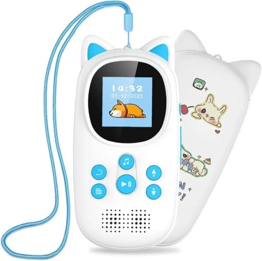 Dětský MP3 přehrávač s ušima 32 GB Bluetooth 5.0 displej 1,44 palce reproduktor a FM rádio i krokoměr a záznamník se šňůrkou na krk