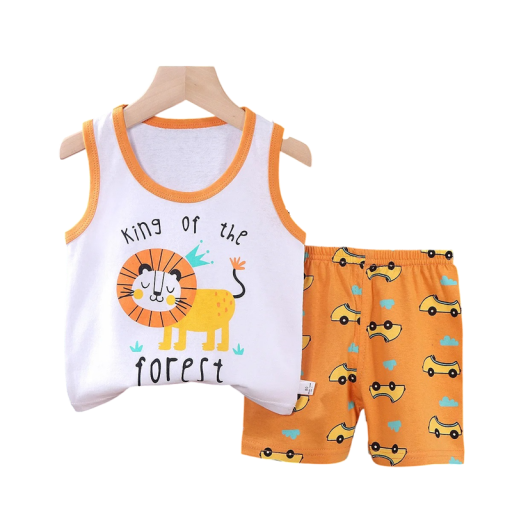 Detský oranžový set s levom tílko so širokými ramienkami a kraťasy na gumu Unisex bavlnená letná súprava