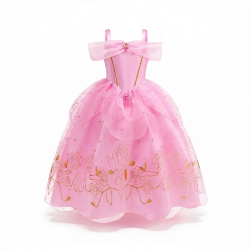 Detský prevlek princezná Dlhé ružové šaty so zlatým potlačou ruží a hviezdičiek Volány cez ramená Polyester a sieťovina Na karneval