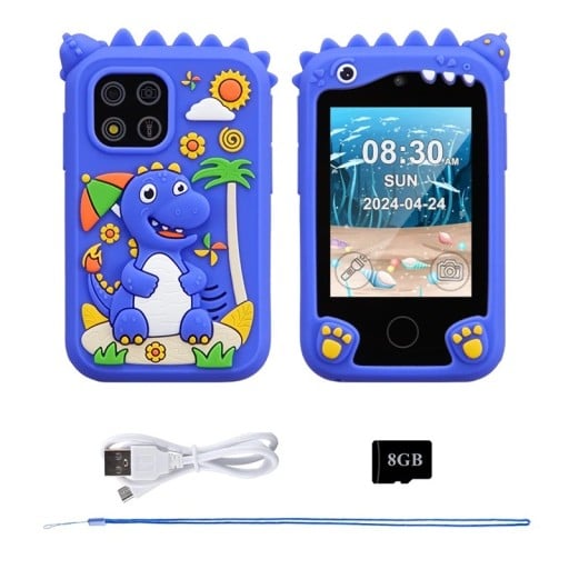 Dětský telefon s motivem dinosaura a duálním fotoaparátem s 2,8" TFT displejem 10 vzdělávacími hrami baterií 600 mAh a kartou 8 GB