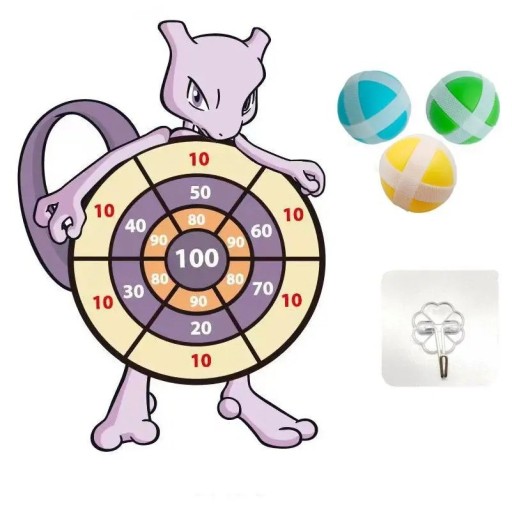 Detský terč na suchý zips Mewtwo 29 x 41 cm Bezpečná hádzacia hra 3 loptičky a háčik Pokémon dekorácie Rozvoj koordinácie Zábava pre deti