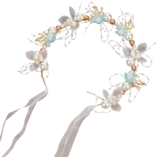 Diadème floral pour enfant 38 cm Couronne féerique élégante Diadème en métal avec perles Princesse Accessoires d'anniversaire Cheveux Podium