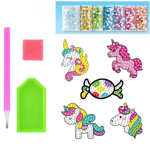 Diamantaufkleber Einhörner und süßes Bonbon 12 Stück kreative Set bunte Steine zum Gestalten von Bildern für Kinder