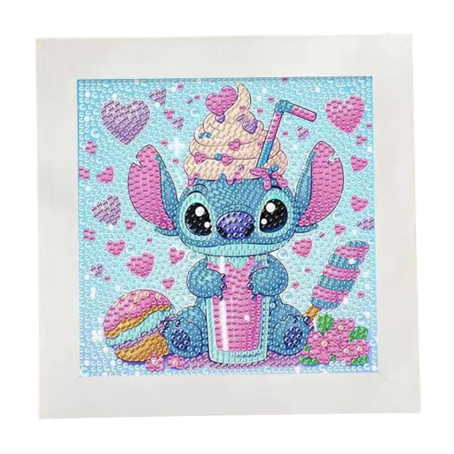 Diamantový obraz 5D pre deti 17x17 cm Motív Stitch Mini sada s rámom Kryštálová maľba Veľké kamienky Roztomilý kreslený DIY obrázok