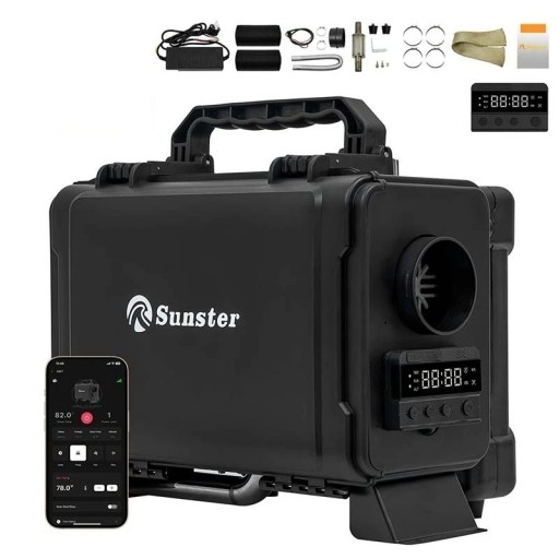 Dieselové topení 8 kW s nádrží 6 l na 12 V i 24 V pro plochu 15 až 20 m² s LCD displejem dálkovým ovladačem a ovládáním z telefonu černé