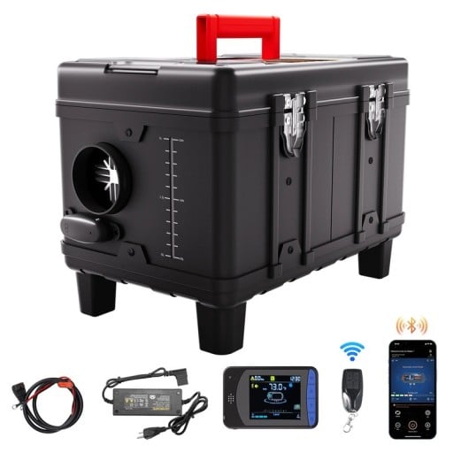 Dieselverwarming 8 kW voor 12 V en 24 V met CO-alarm, Bluetooth-app en HD-display 405 x 275 x 295 mm zwart met rode handgreep voor in de auto