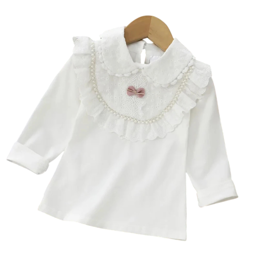 Dievčenská krajková košela s golierikom a dlhým rukávom Biela elegantná blúzka z bavlny a polyesteru Výstrih do O Zapínanie za krkom na gombík