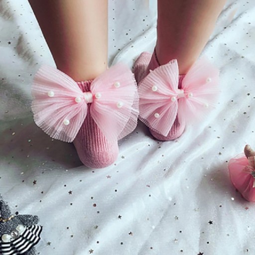 Dievčenské ponožky s veľkou mašľou a perlami