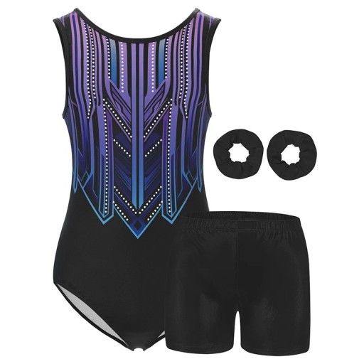 Dievčenský gymnastický set čierne body s fialovo-modrým etnickým potlačou, lesklé kraťasy a 2 gumičky do vlasov, polyester a elastan