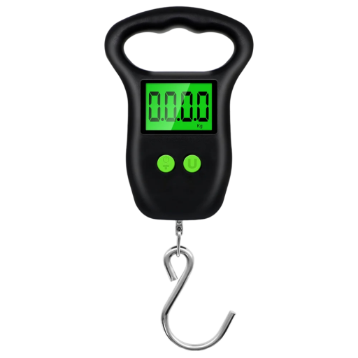Digitaalinen kannettava matkatavaravaaka 50 kg, jossa on suuri koukku, LCD-näyttö, kädessä pidettävä riippuvaaka mittanauhalla, matkavaaka kalastusta varten