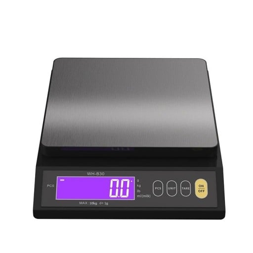 Digitaalinen keittiövaaka 10 kg asti Ruostumaton punnituspinta LCD-näyttö Vedenkestävä rakenne USB-lataus ja -virransyöttö 3× AAA