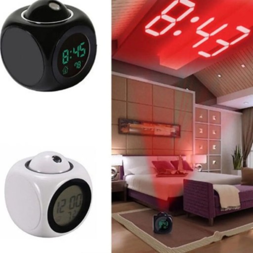 Digital projektorvækkeur med termometer 10 x 8,2 x 8,2 cm Stemmemeddelelse om tidsangivelse Loftprojektion LCD-display Snooze-funktion Naturlyd