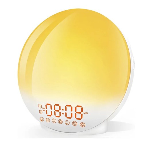 Digital vækkeur med solopgangssimulering 16,5 cm Natlampe Radio USB-strømforsyning To alarmer Snooze 7 lyde Farverig belysning