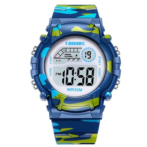 Digitale Kinderuhr für Jungen, 37,5 mm, blaue Sportuhr mit LED-Hintergrundbeleuchtung, Alarm, Stoppuhr, stoßfest, Camouflage-Optik
