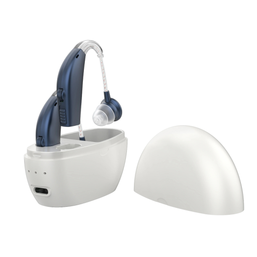 Digitális hallókészülék, hordozható hangerősítő, vezeték nélküli hallókészülék fehér tokkal és cserevégekkel, kompakt