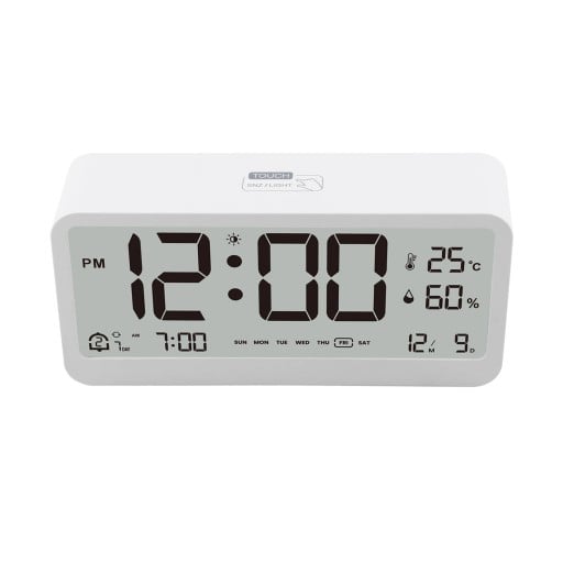 Digitális LED ébresztőóra hőmérséklet- és páratartalom-kijelzővel 13,6 x 6,3 x 3,4 cm Két ébresztőóra Csendes működés Fokozatos ébresztés Éjszakai