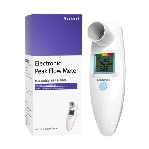 Digitális spirometr LCD kijelzővel PEF és FEV1 méréshez, mosható szájpecek és cső, ePEF alkalmazás, fehér, otthoni légzésfigyeléshez