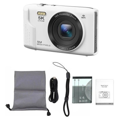 Digitální fotoaparát 5K 72 Mpx s 16x digitálním zoomem 2,8" LCD displej Wi-Fi přenos LED přisvětlení a webkamera na vlogy i cesty
