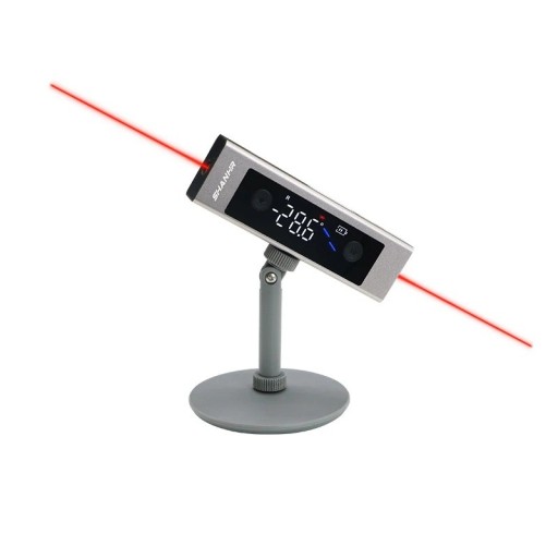 Digitální sklonoměr a vodováha s dvojitým laserem a stojánkem s přesností 0,2° rozsahem 4 x 90° a nabíjením USB-C ve stříbrné barvě