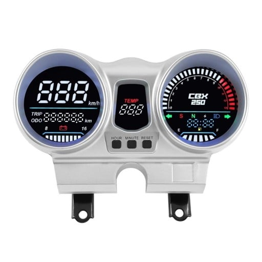 Digitální tachometr na motorku s otáčkoměrem a počítadlem km LCD LED podsvícení odolný proti dešti stříbrný 240 x 142 mm pro Honda 12V